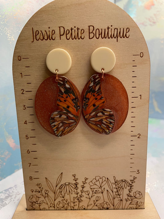 Sparkly Orange Butterfly Oval Earrings -Stainless Steel