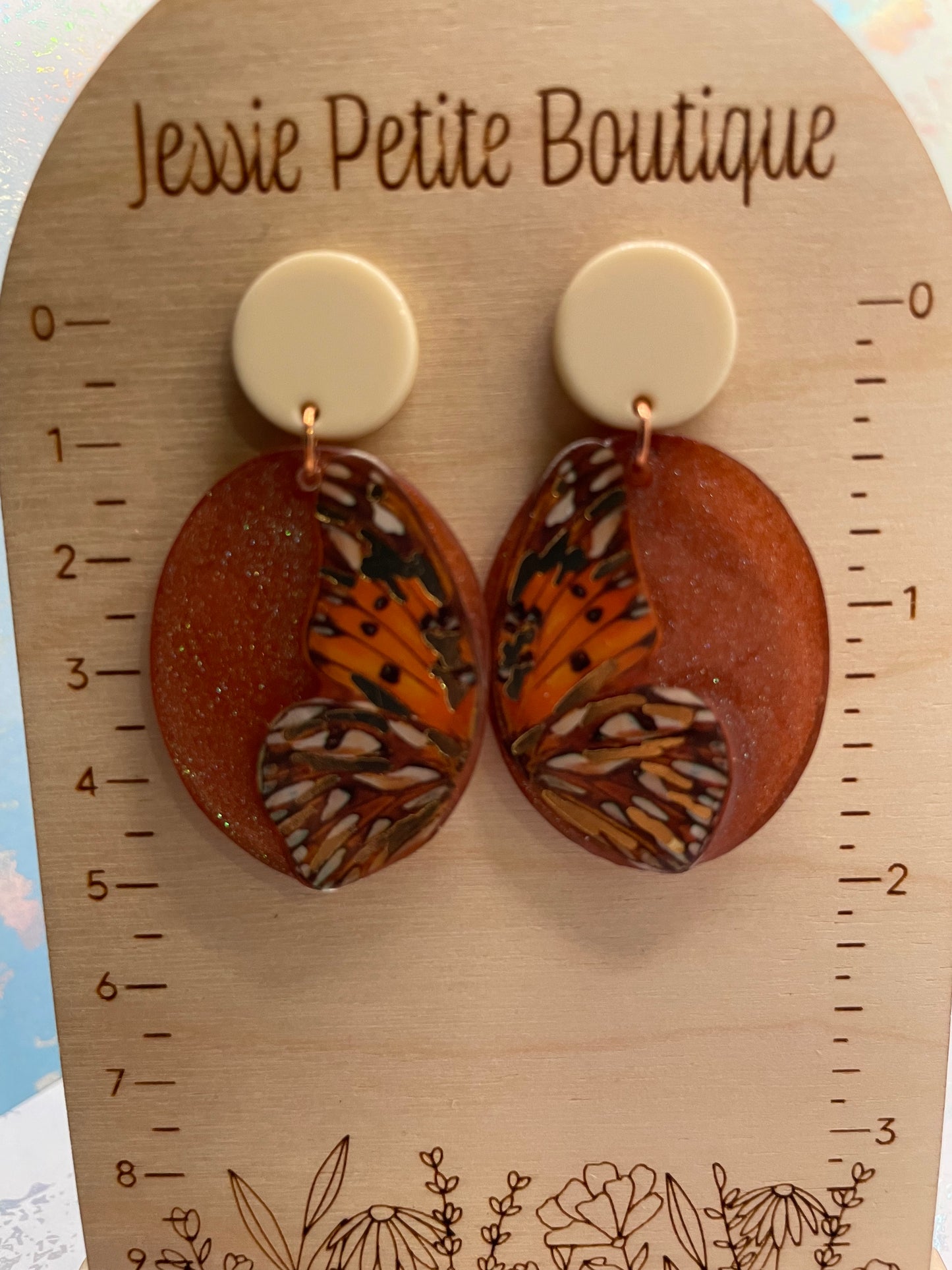 Boucles d'oreilles ovales papillon orange scintillantes -Acier inoxydable