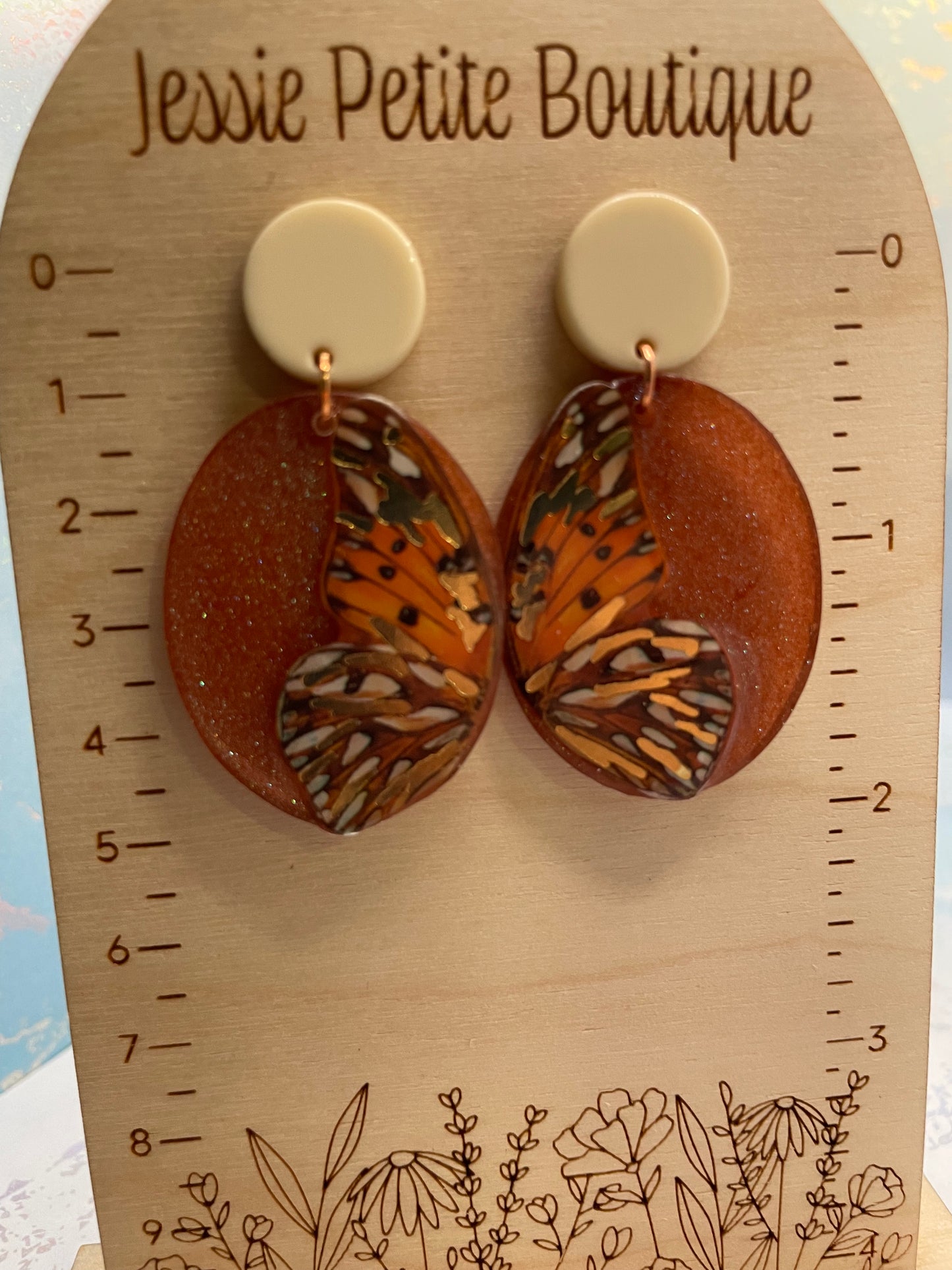 Boucles d'oreilles ovales papillon orange scintillantes -Acier inoxydable