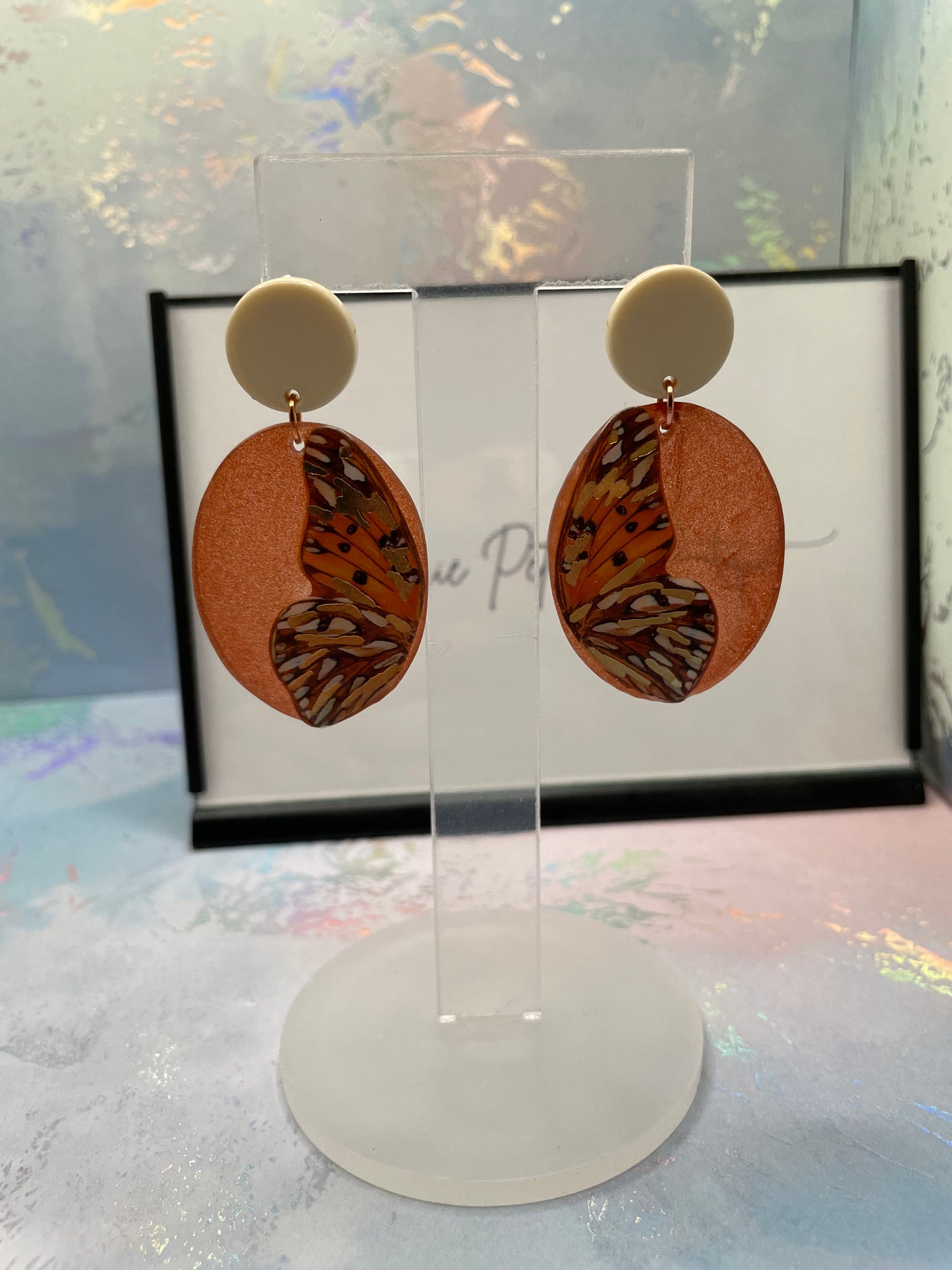 Boucles d'oreilles ovales papillon orange scintillantes -Acier inoxydable