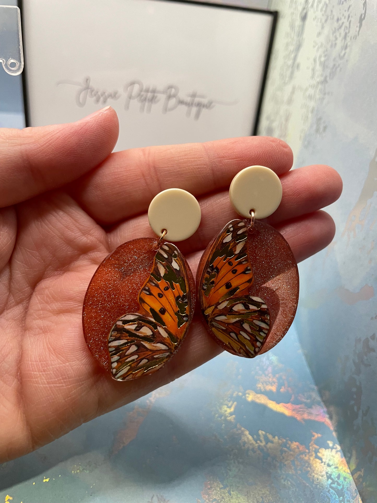 Boucles d'oreilles ovales papillon orange scintillantes -Acier inoxydable