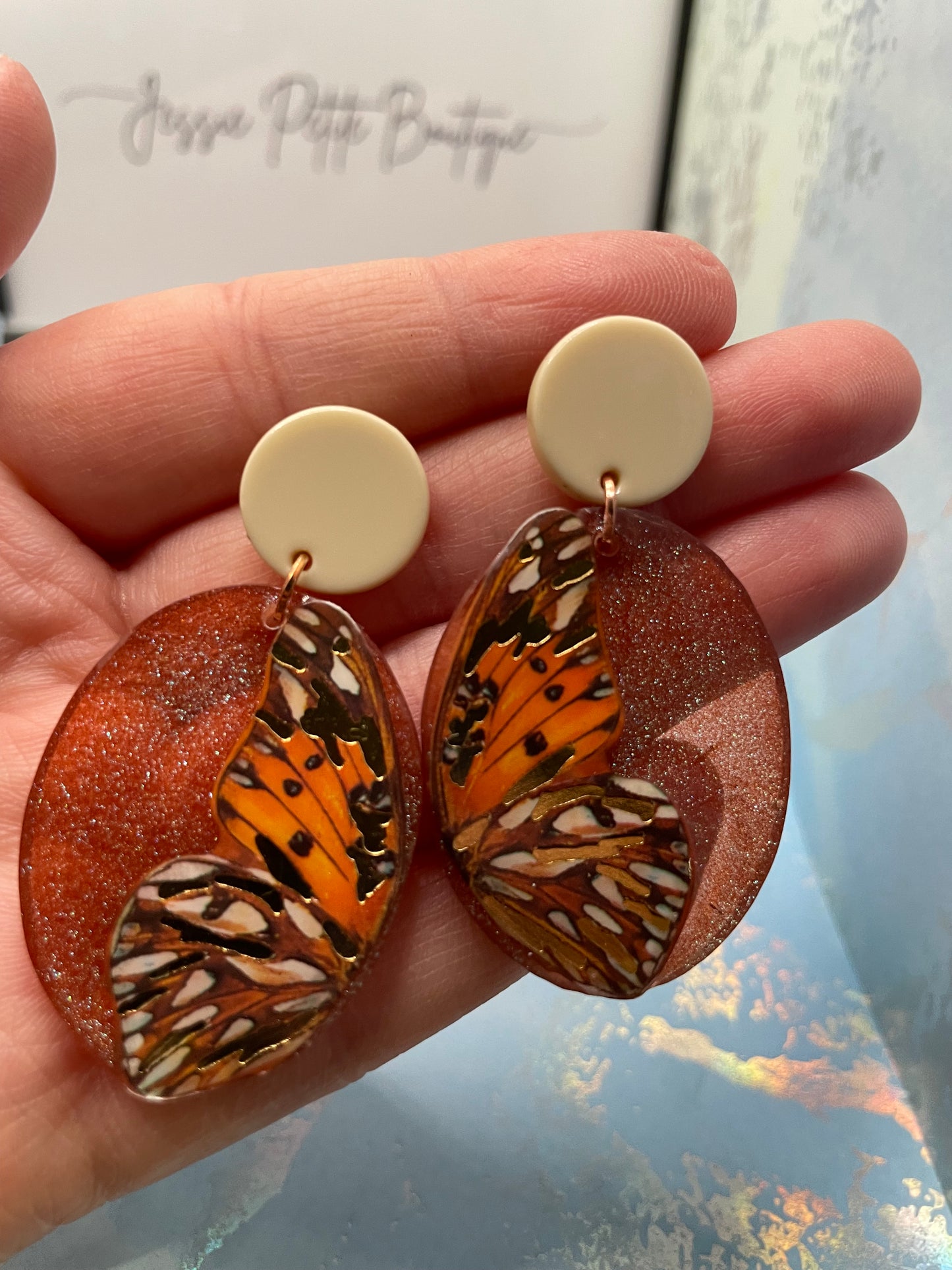 Boucles d'oreilles ovales papillon orange scintillantes -Acier inoxydable