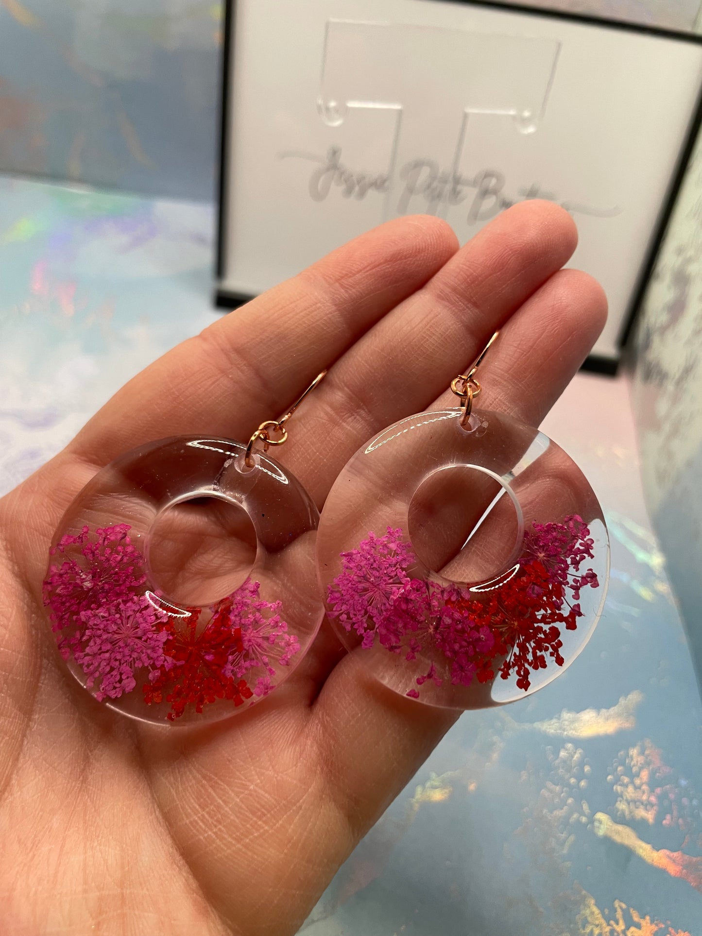 Pink & Red Flower Round Resin Earrings -NICKEL FREE