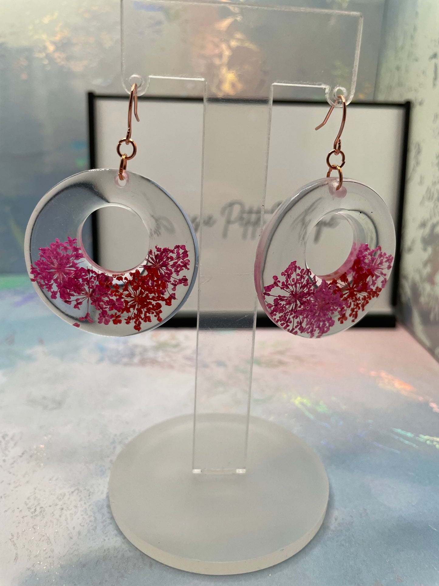 Pink & Red Flower Round Resin Earrings -NICKEL FREE