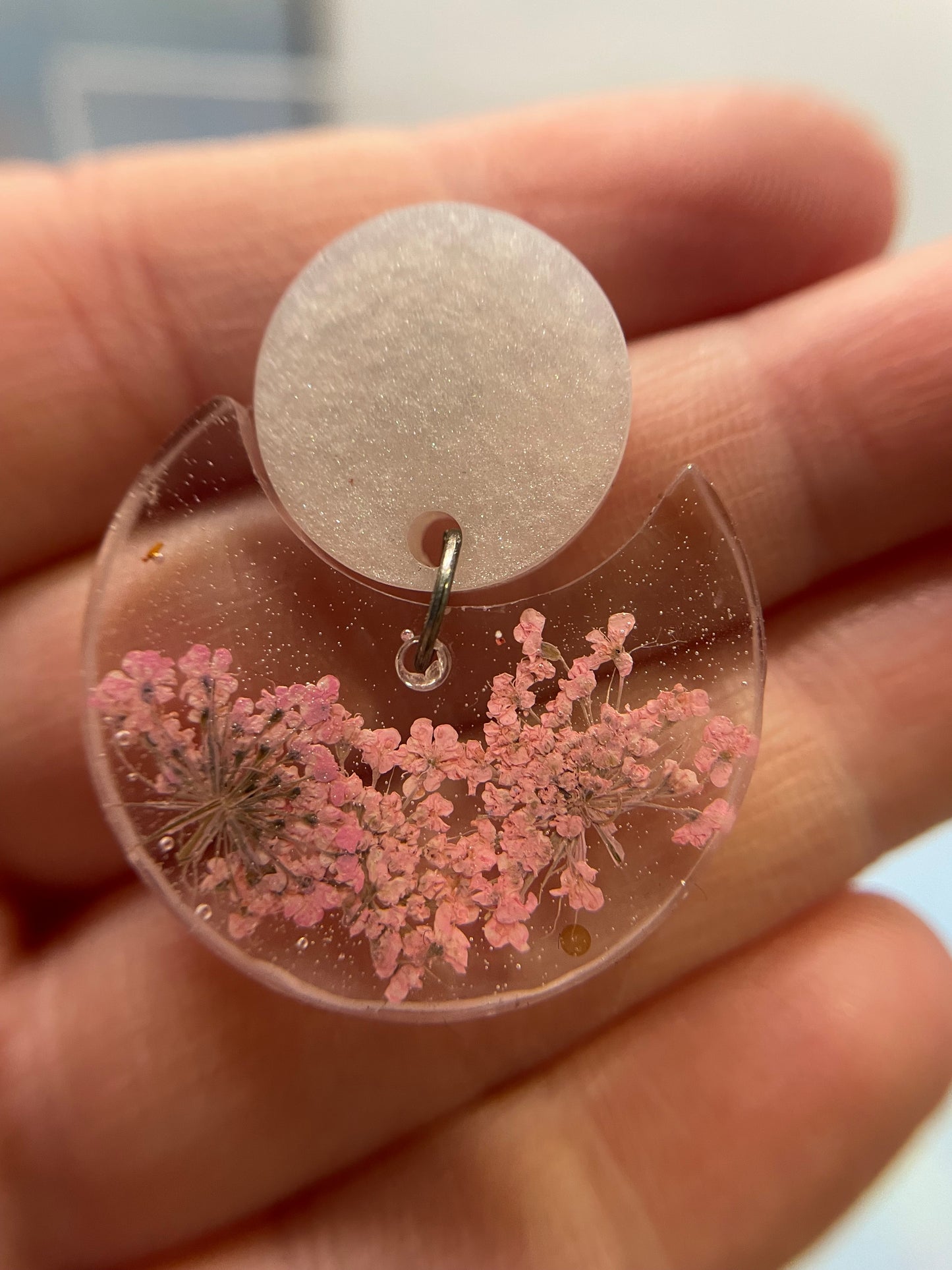 Pink Flower In Clear Resin Round Earrings-NICKEL FREE