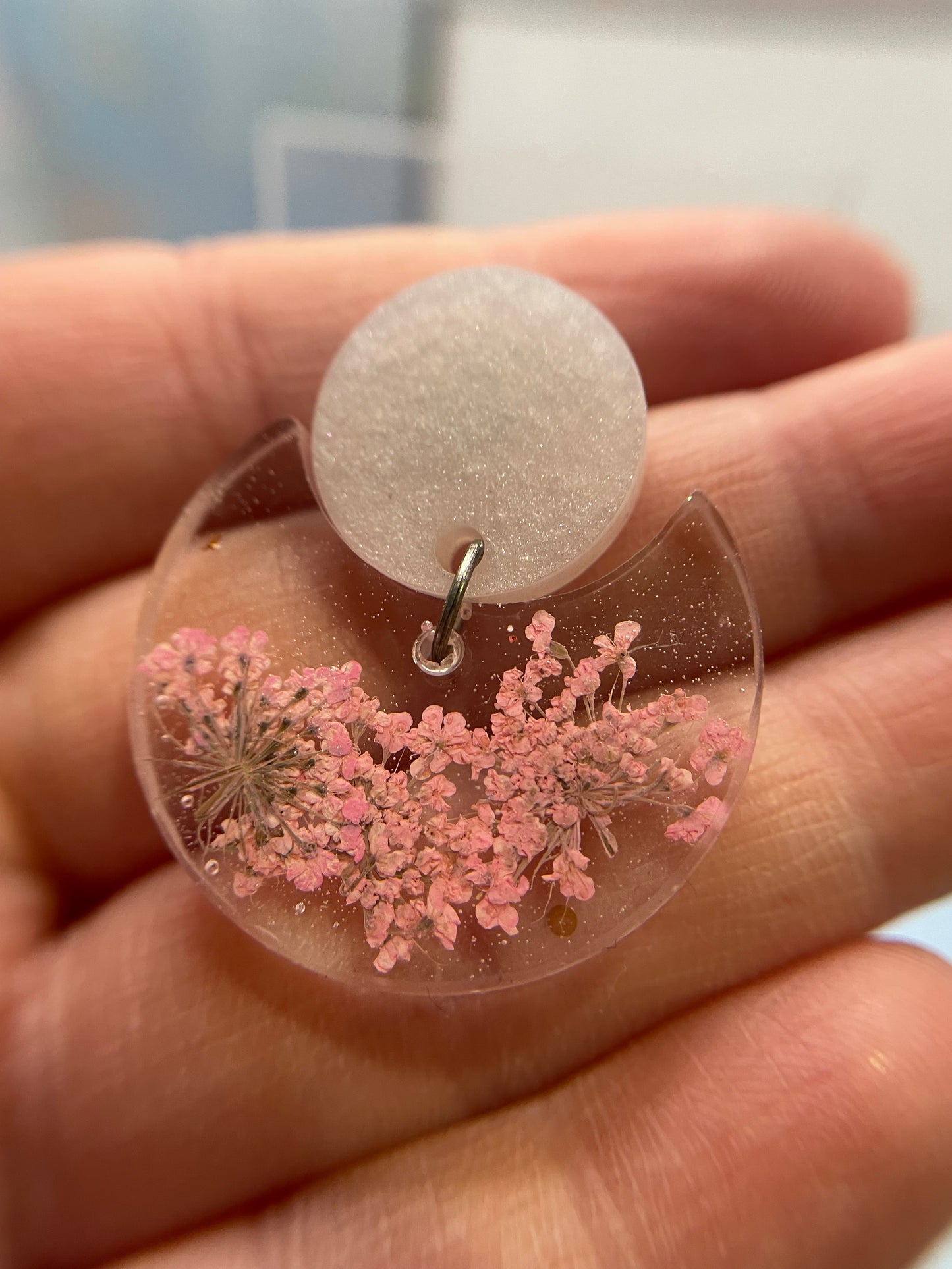 Pink Flower In Clear Resin Round Earrings-NICKEL FREE