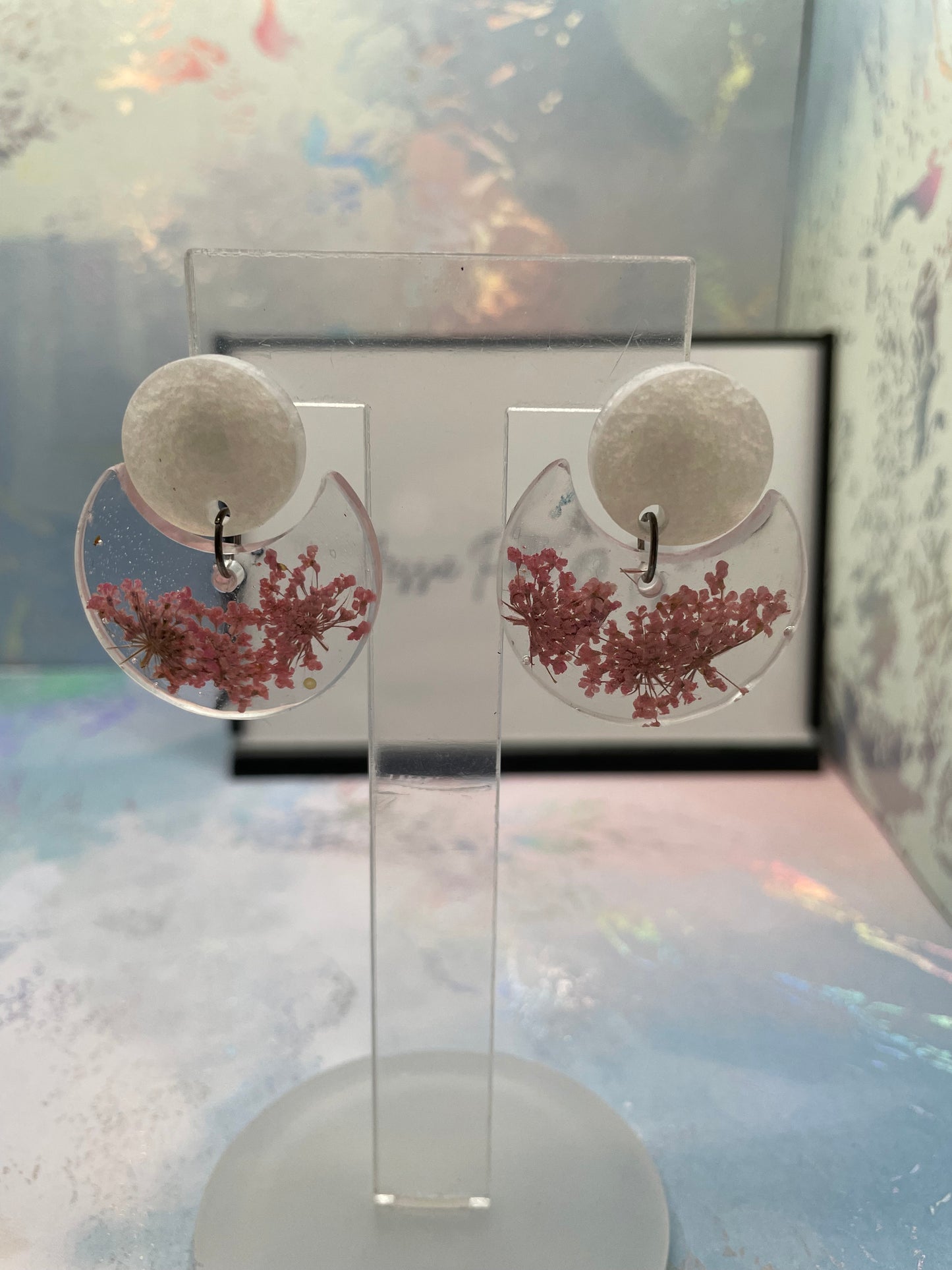 Pink Flower In Clear Resin Round Earrings-NICKEL FREE