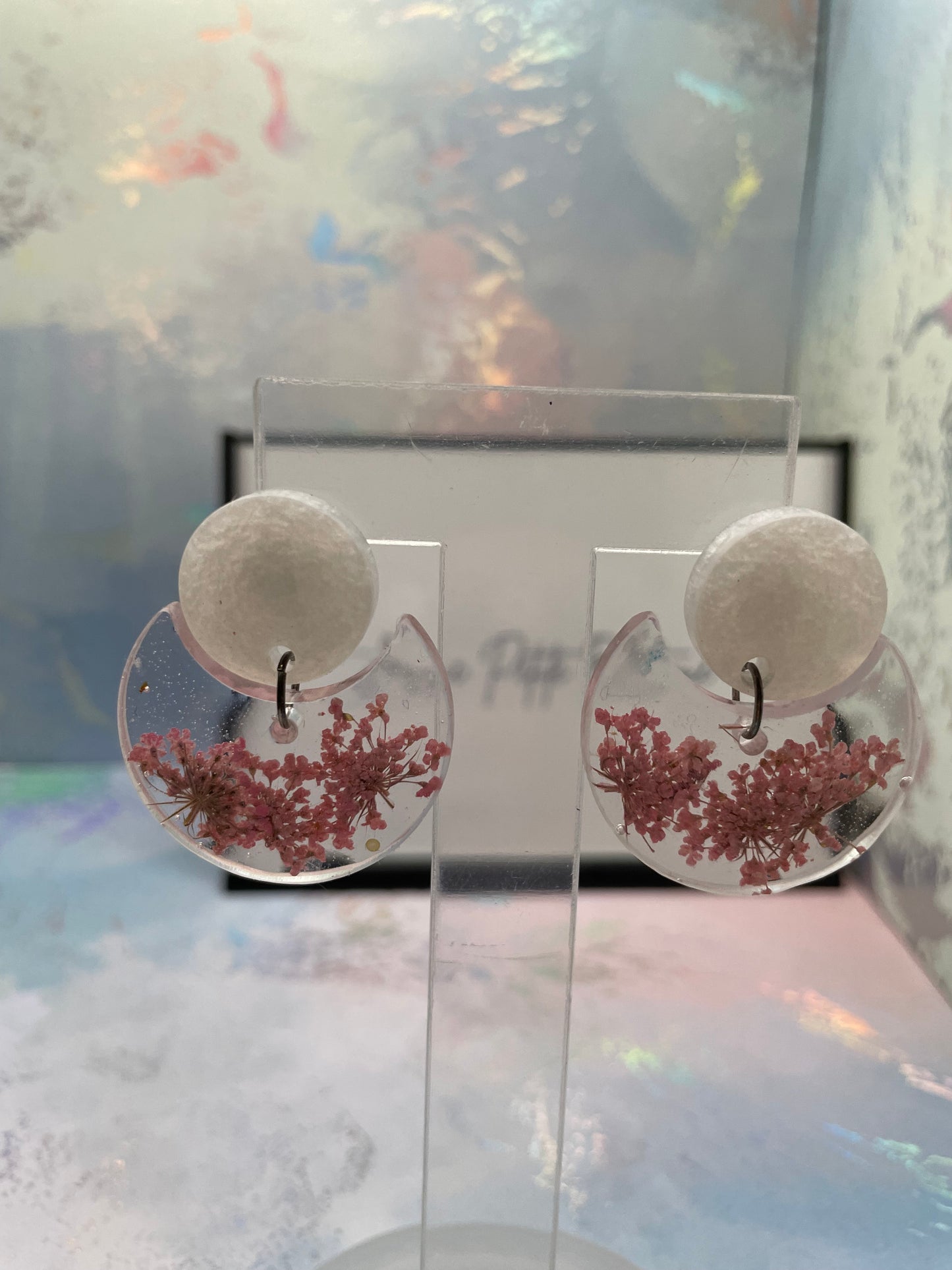 Pink Flower In Clear Resin Round Earrings-NICKEL FREE