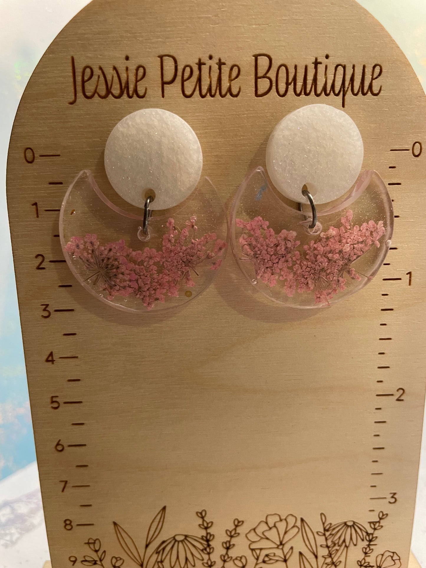 Pink Flower In Clear Resin Round Earrings-NICKEL FREE
