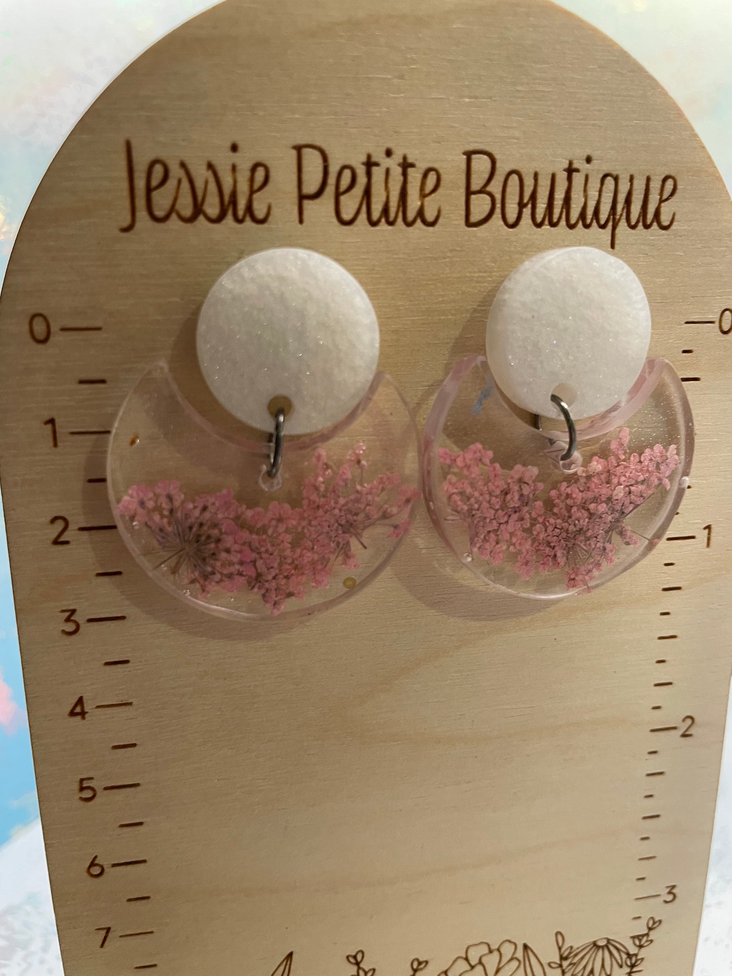 Pink Flower In Clear Resin Round Earrings-NICKEL FREE