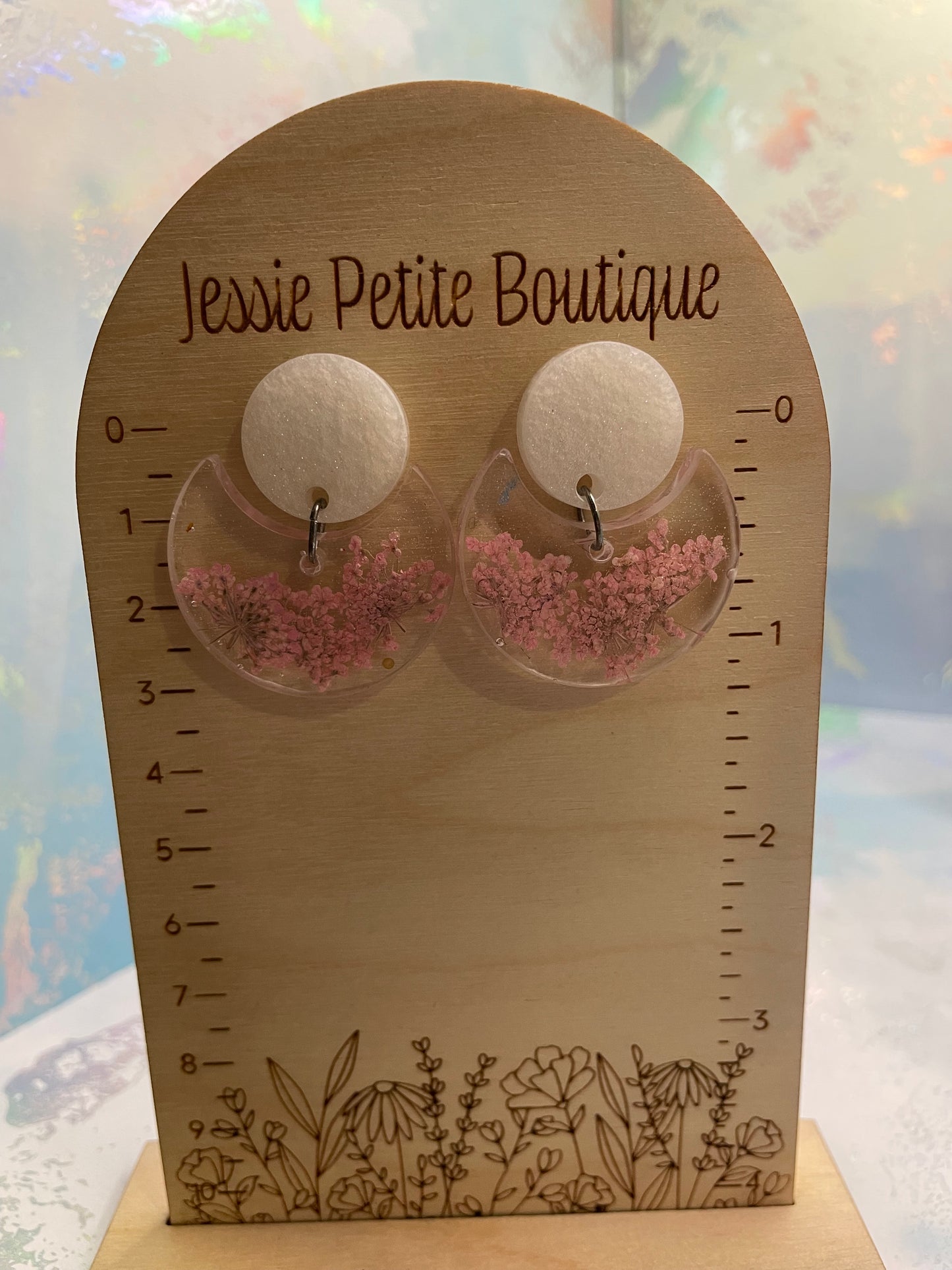Pink Flower In Clear Resin Round Earrings-NICKEL FREE