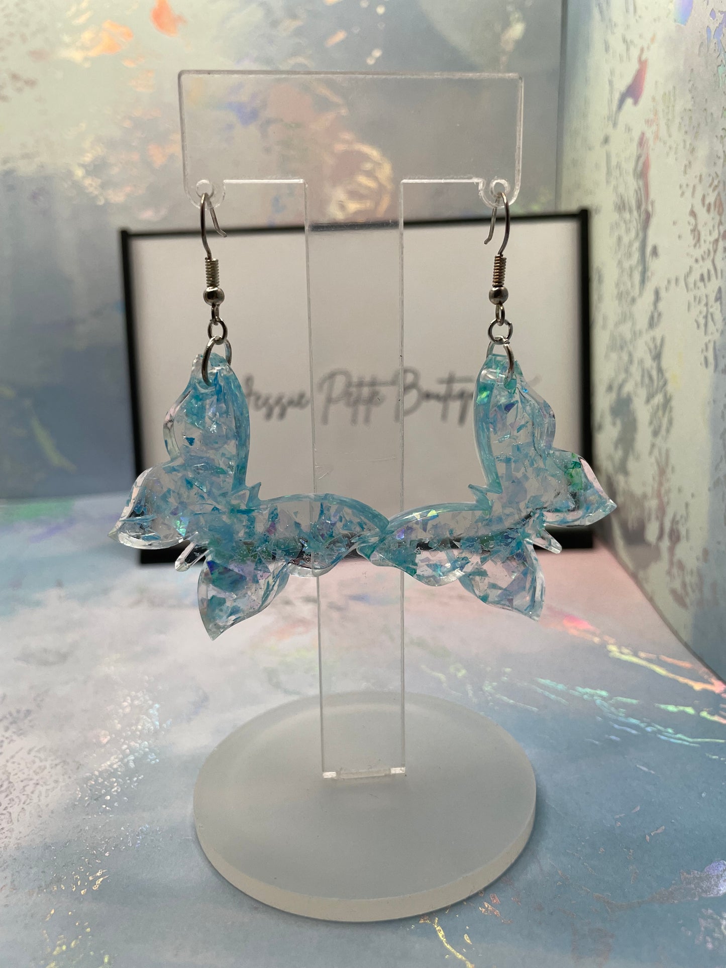 Boucles d'oreilles papillon transparent + bleue - Sans Nickel