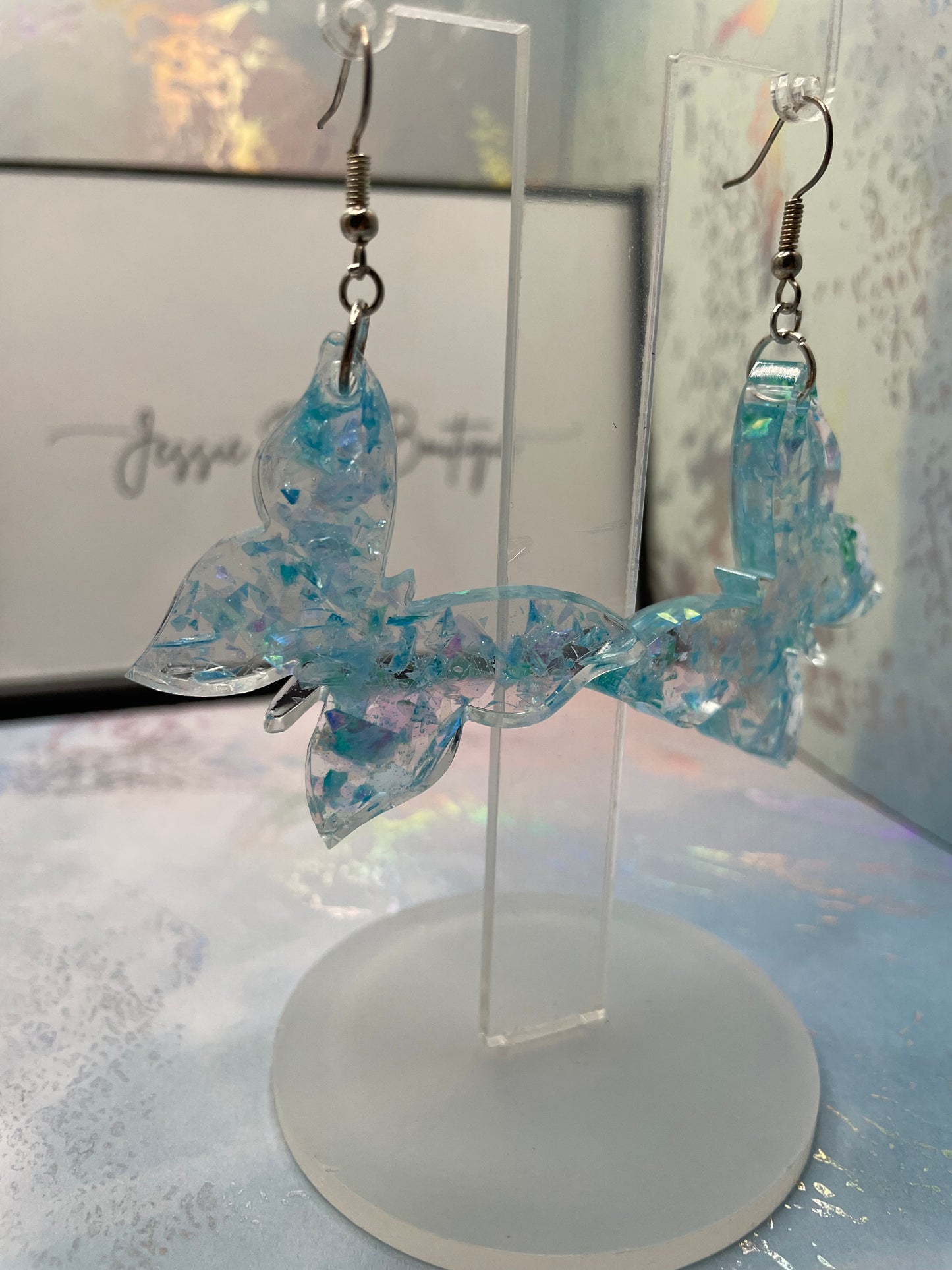 Boucles d'oreilles papillon transparent + bleue - Sans Nickel