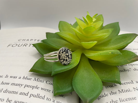 Bague ovale fleurs de carotte sauvage blanche-Taille 11US