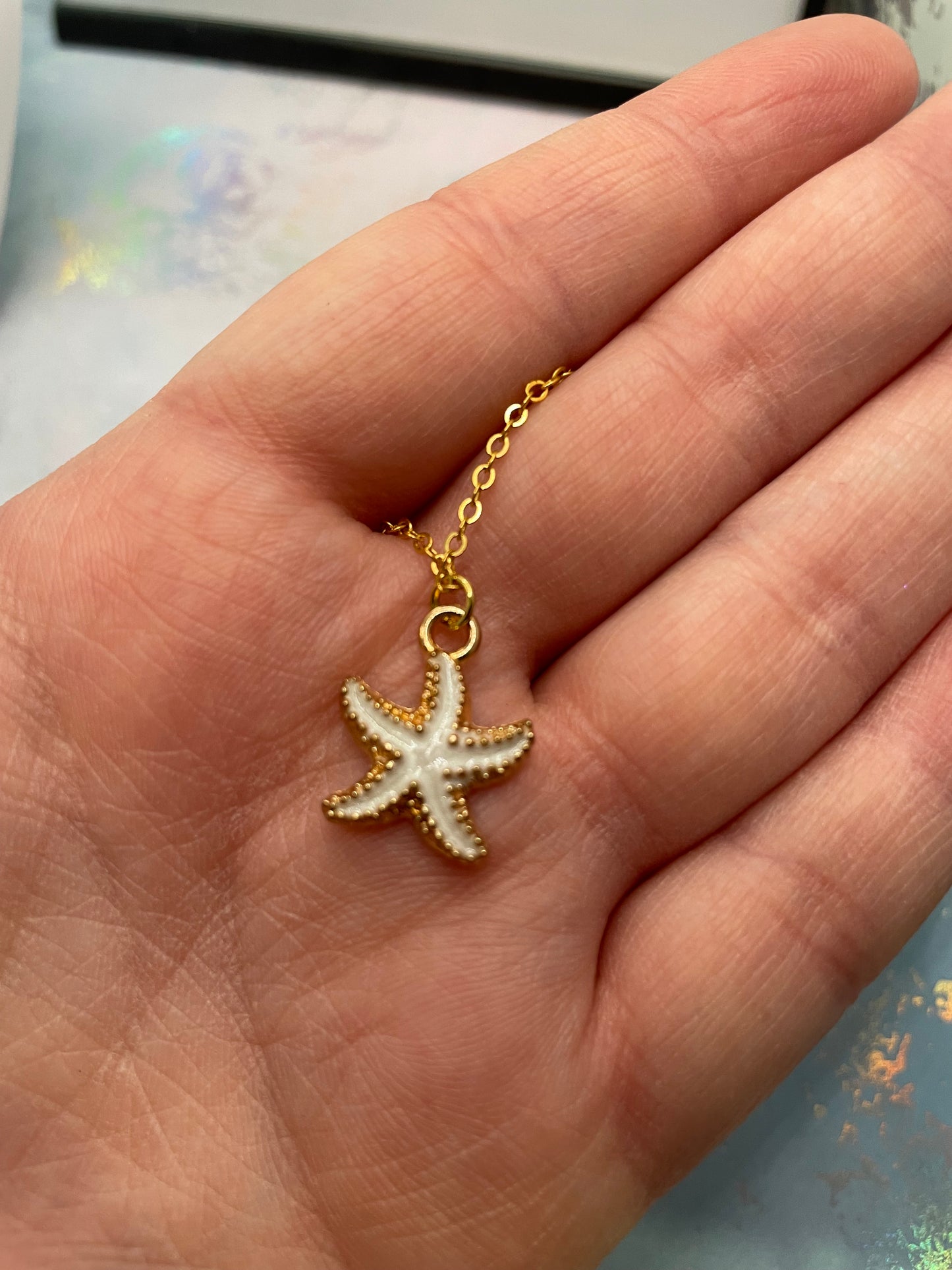 White Enamel Starfish 19'' Gold Chain -Nickel Free