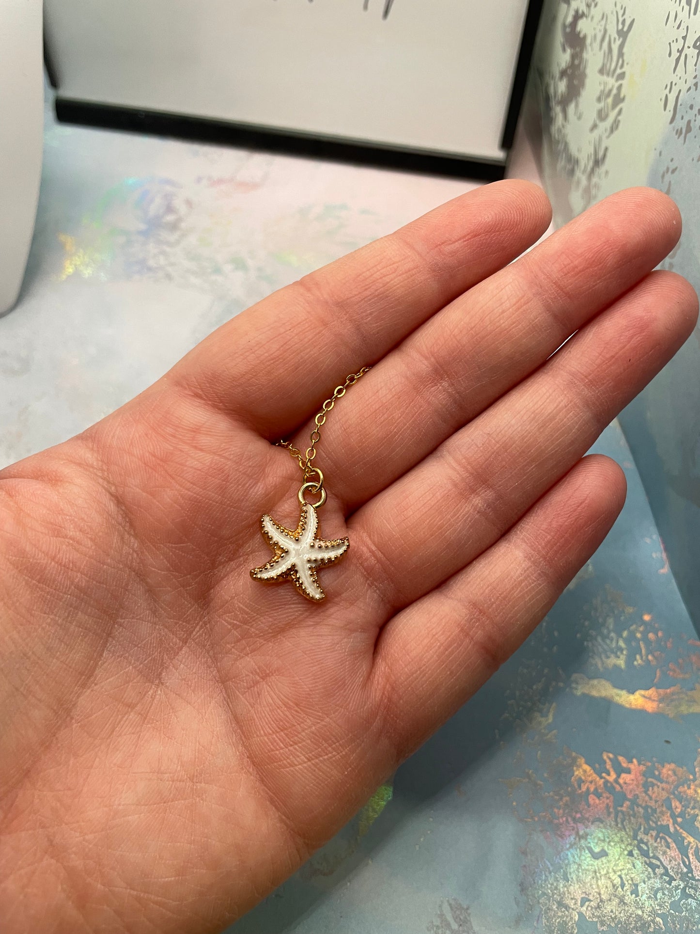 White Enamel Starfish 19'' Gold Chain -Nickel Free