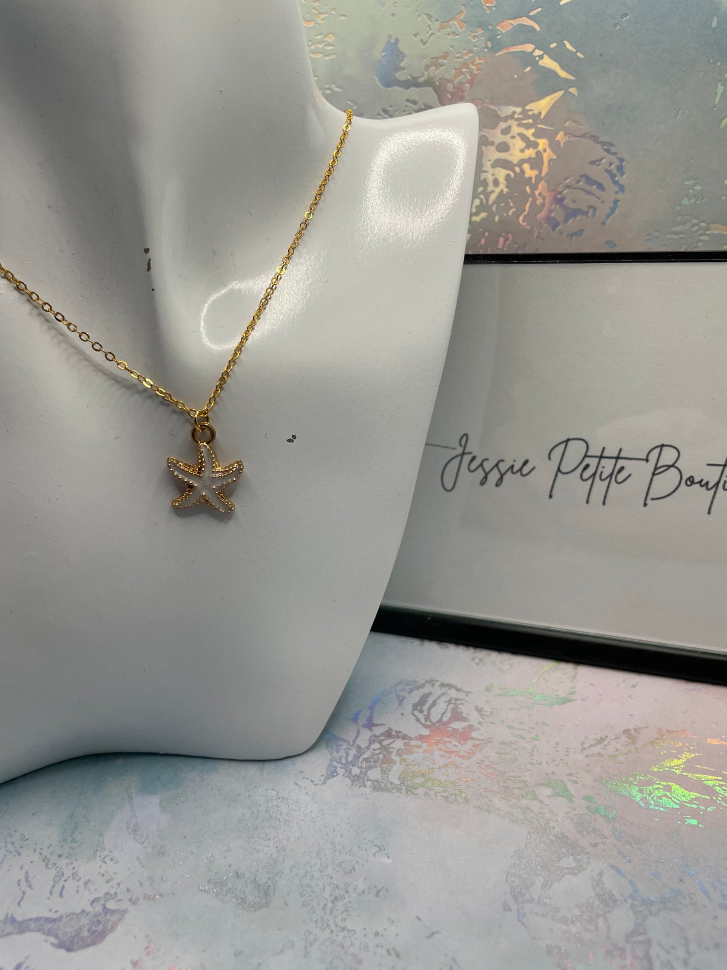 White Enamel Starfish 19'' Gold Chain -Nickel Free