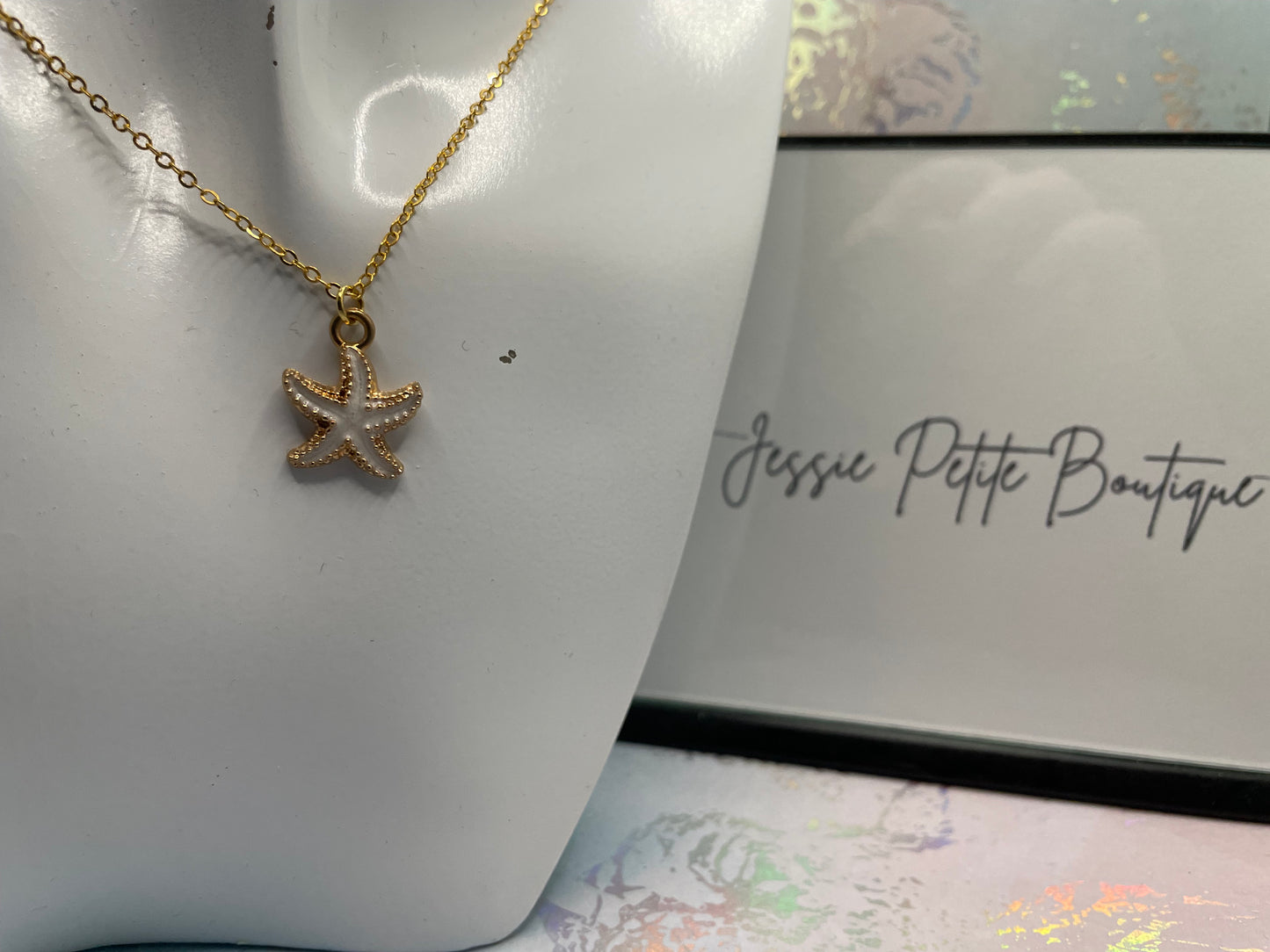 White Enamel Starfish 19'' Gold Chain -Nickel Free