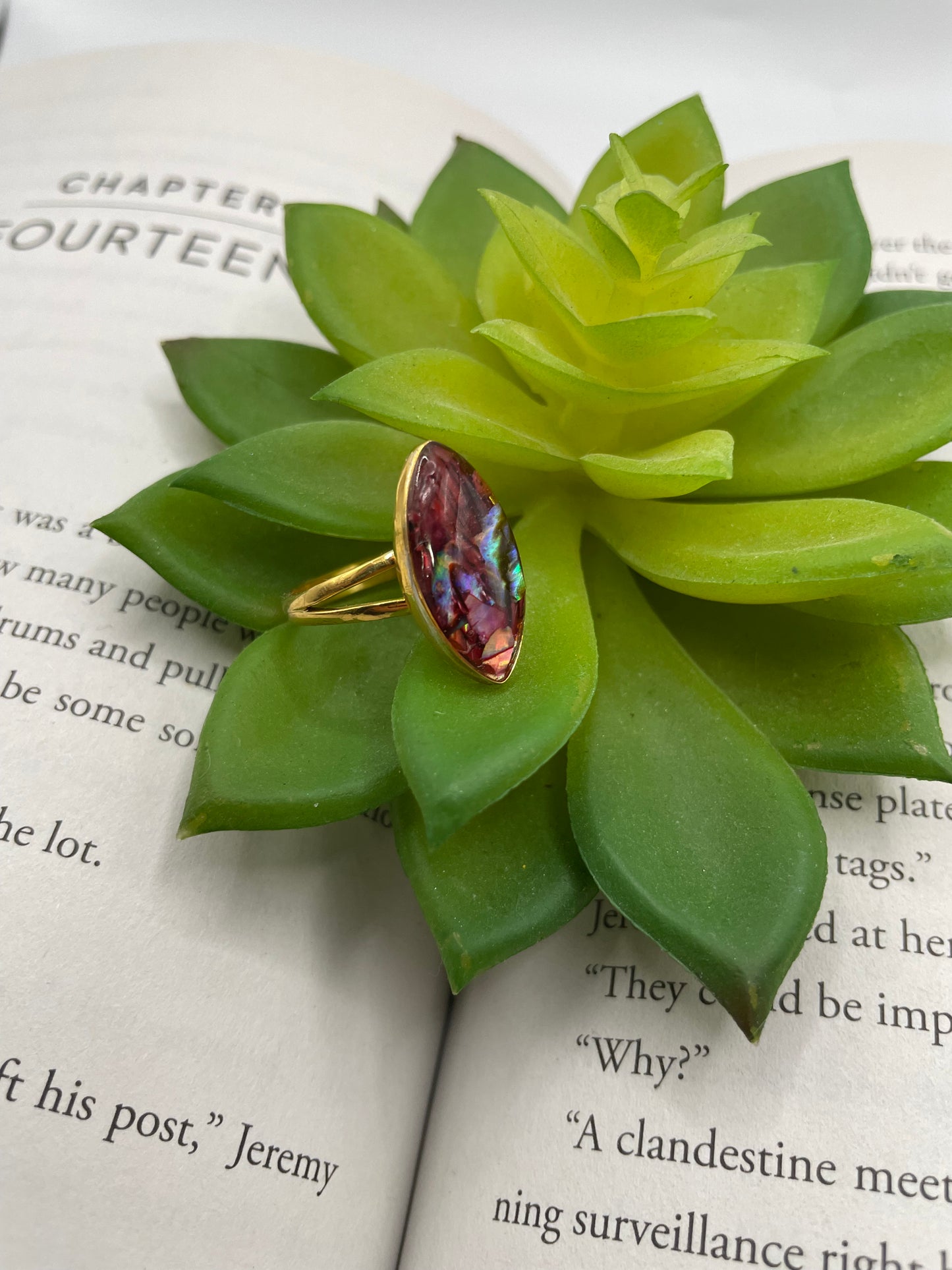 Red Shell Marquise Gold Ring- Size 9 ½ US