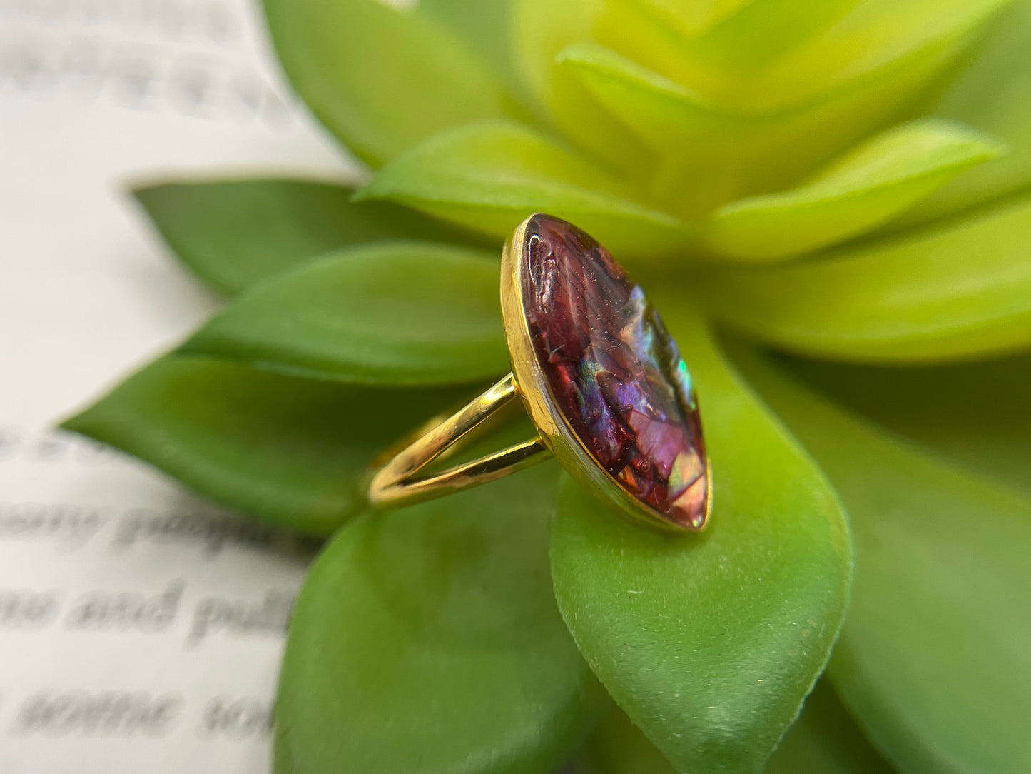 Red Shell Marquise Gold Ring- Size 9 ½ US