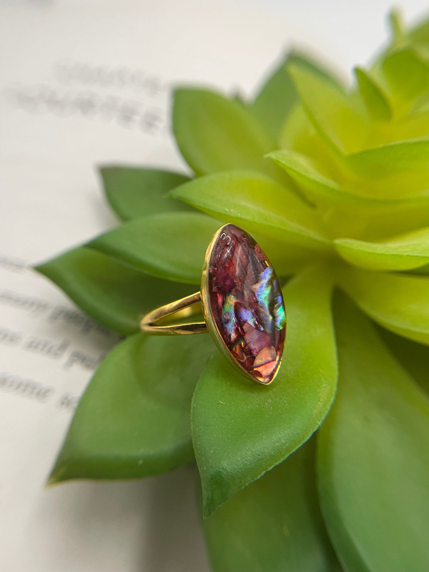 Red Shell Marquise Gold Ring- Size 9 ½ US