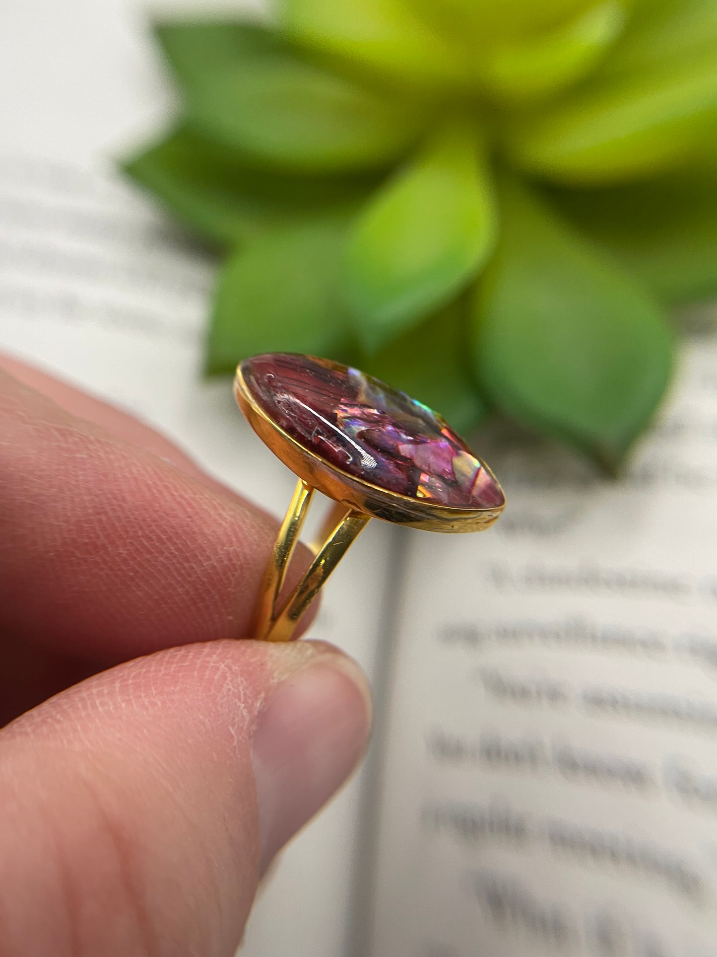 Red Shell Marquise Gold Ring- Size 9 ½ US