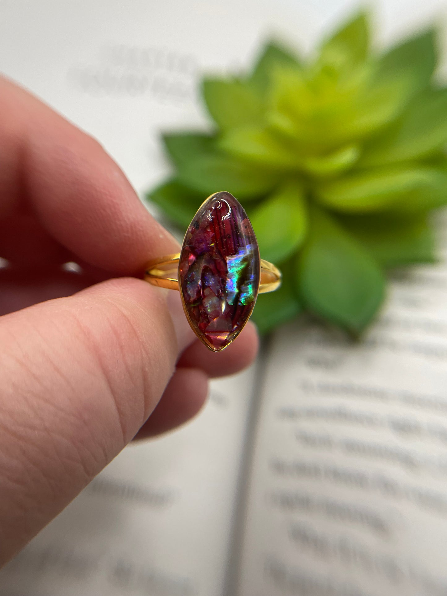 Red Shell Marquise Gold Ring- Size 9 ½ US