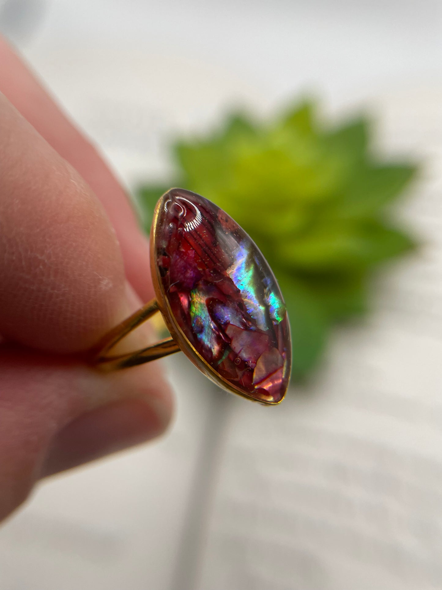Red Shell Marquise Gold Ring- Size 9 ½ US
