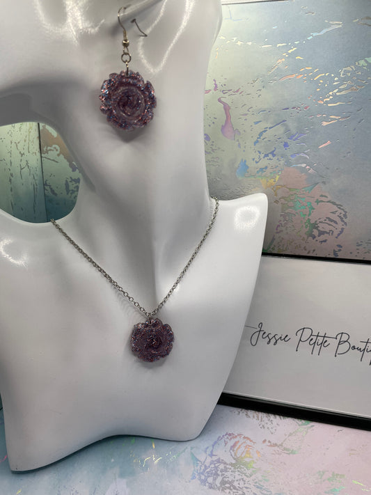 Sparkly Purple Rose Necklace set 22''