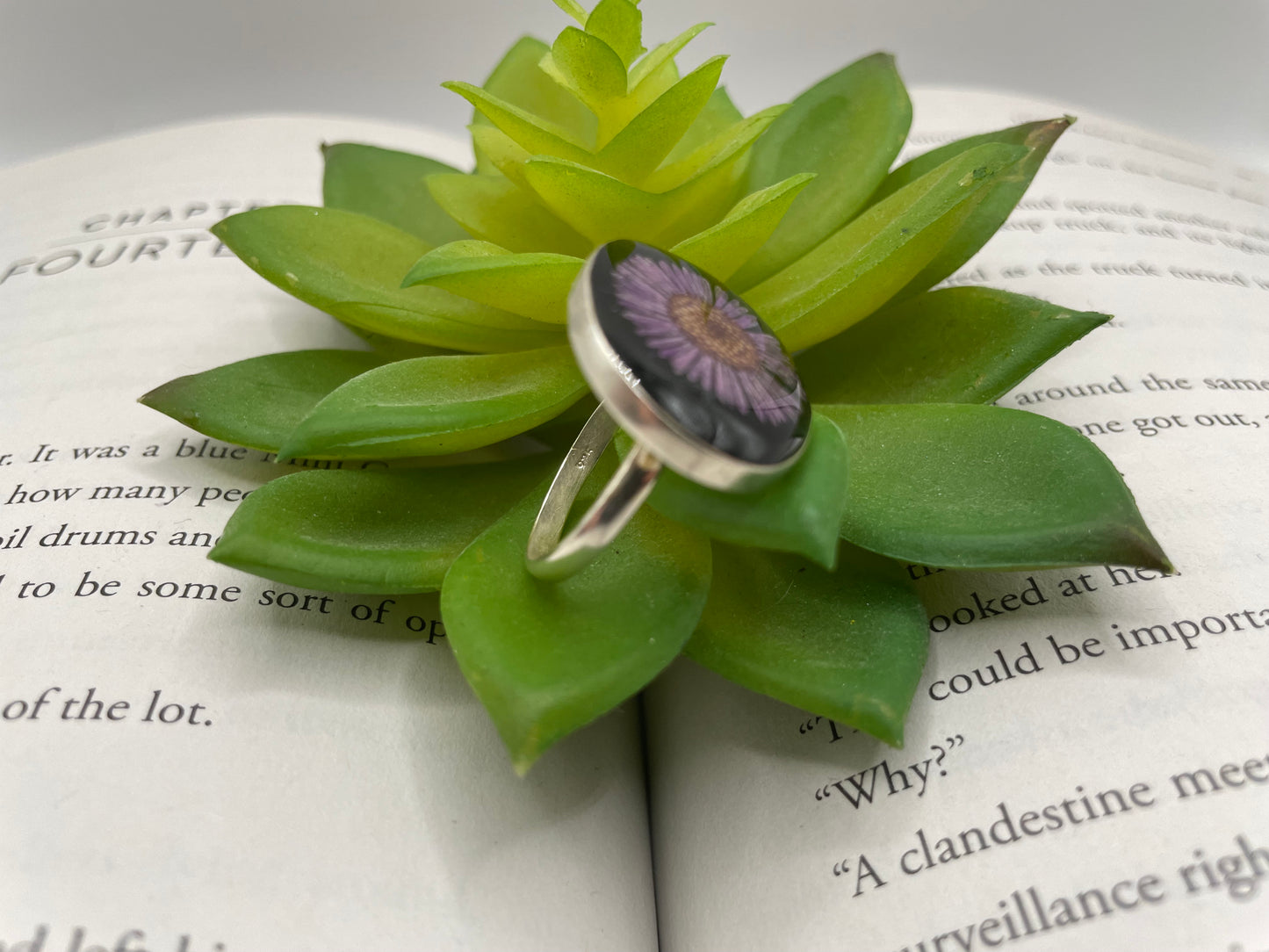 Oval Ring with Dried Purple Daisy – Size 9 US