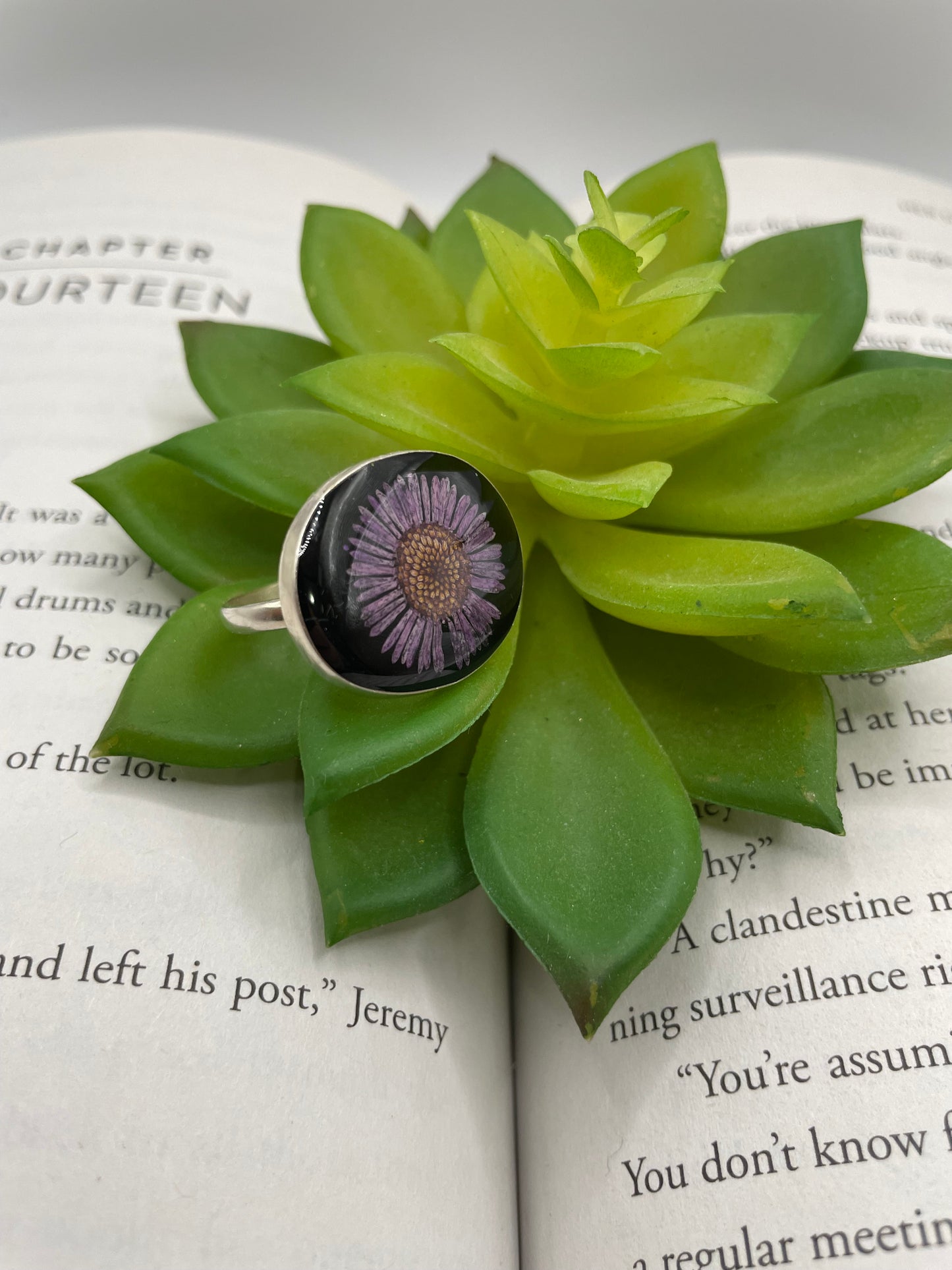 Oval Ring with Dried Purple Daisy – Size 9 US