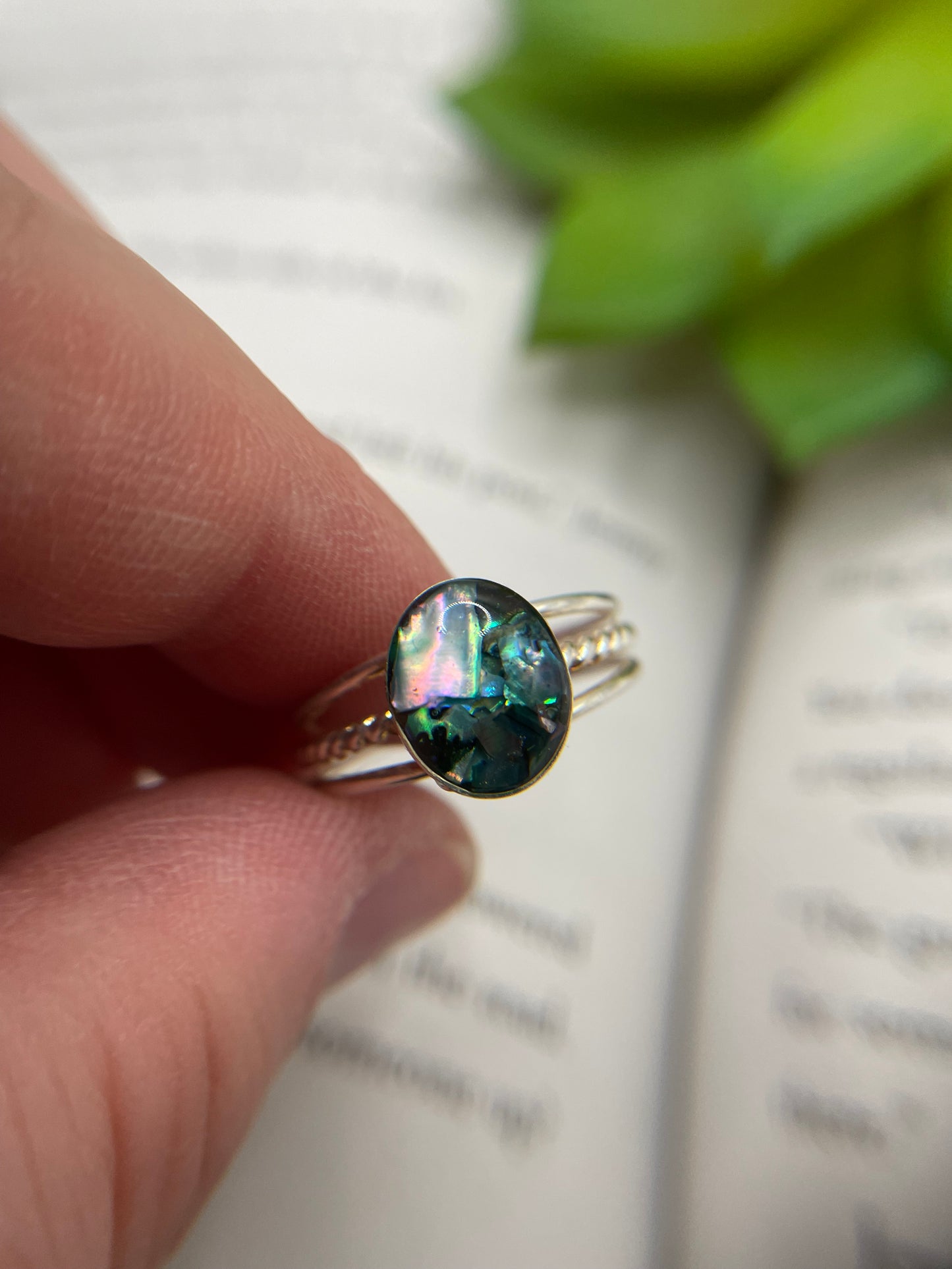 Silver Oval Blue Shell Triple Band Ring – Size 9 US