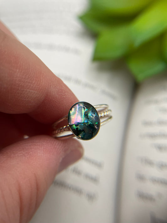 Silver Oval Blue Shell Triple Band Ring – Size 9 US