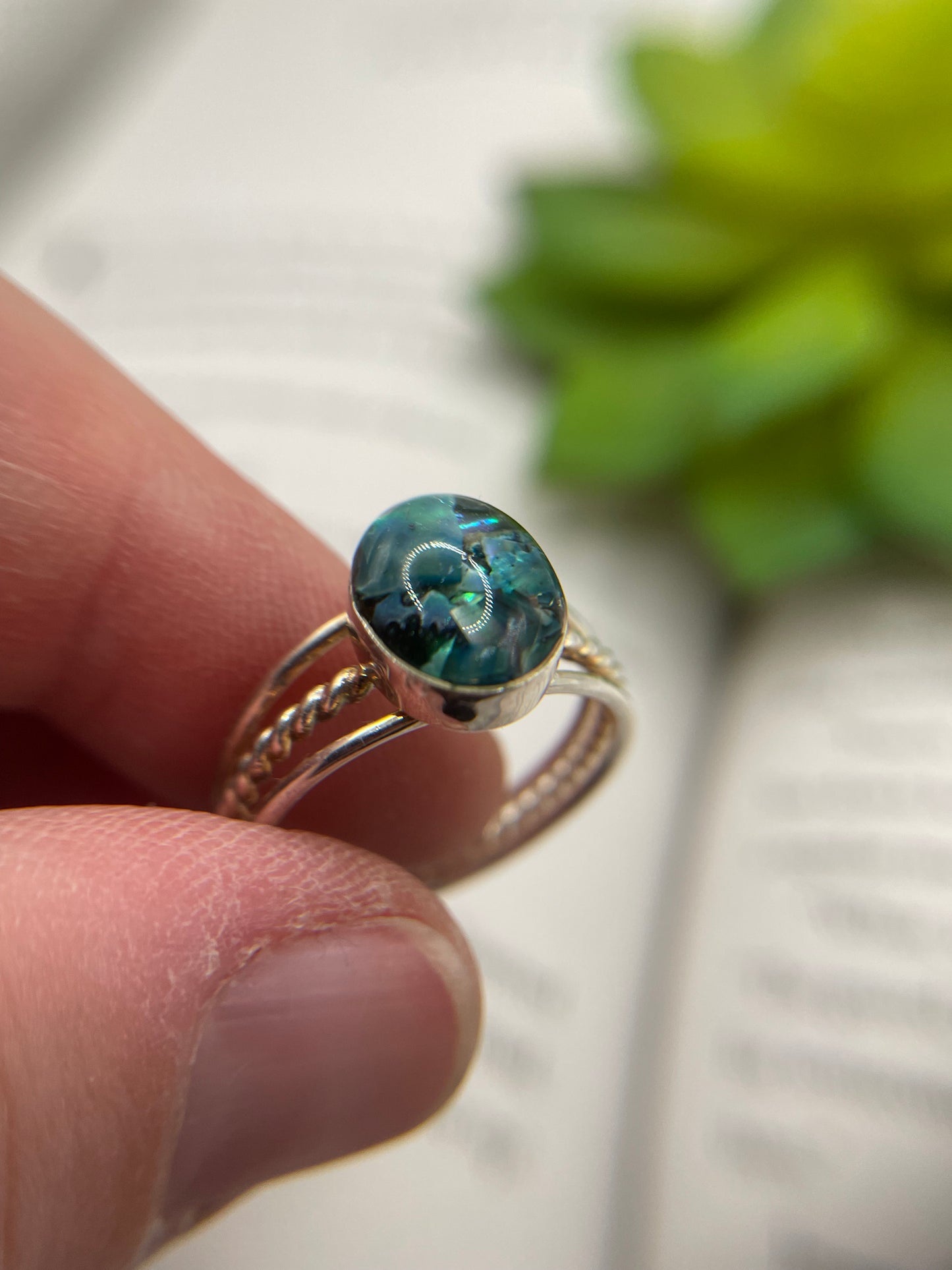 Silver Oval Blue Shell Triple Band Ring – Size 9 US