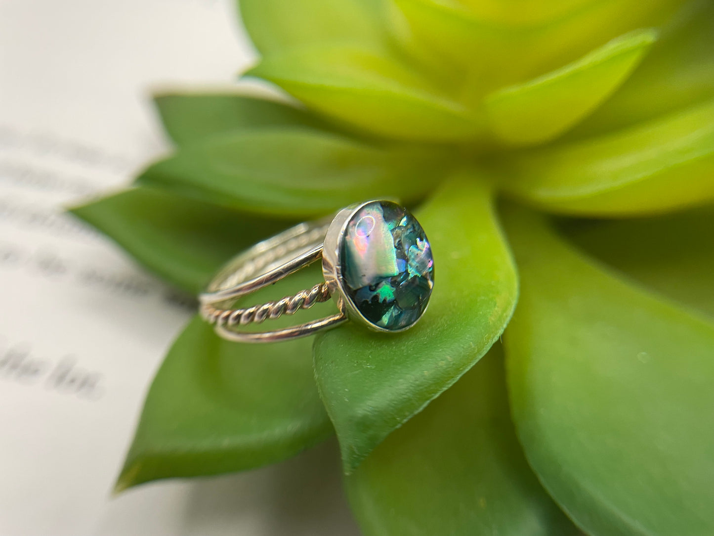 Silver Oval Blue Shell Triple Band Ring – Size 9 US