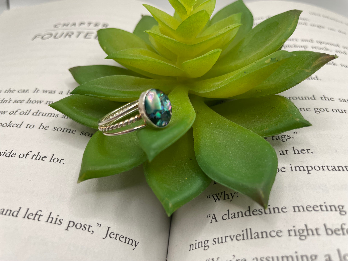 Silver Oval Blue Shell Triple Band Ring – Size 9 US