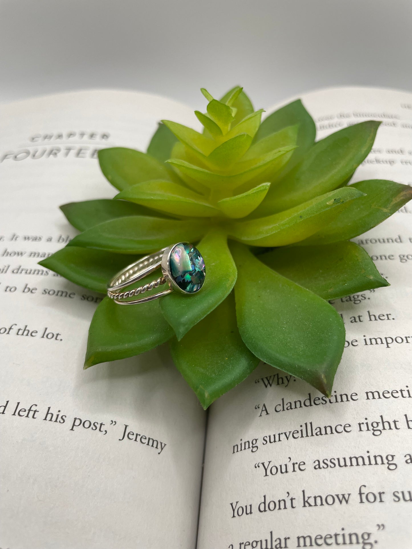 Silver Oval Blue Shell Triple Band Ring – Size 9 US