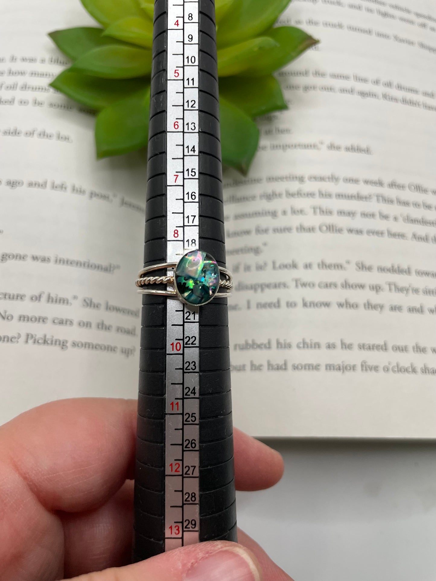 Silver Oval Blue Shell Triple Band Ring – Size 9 US