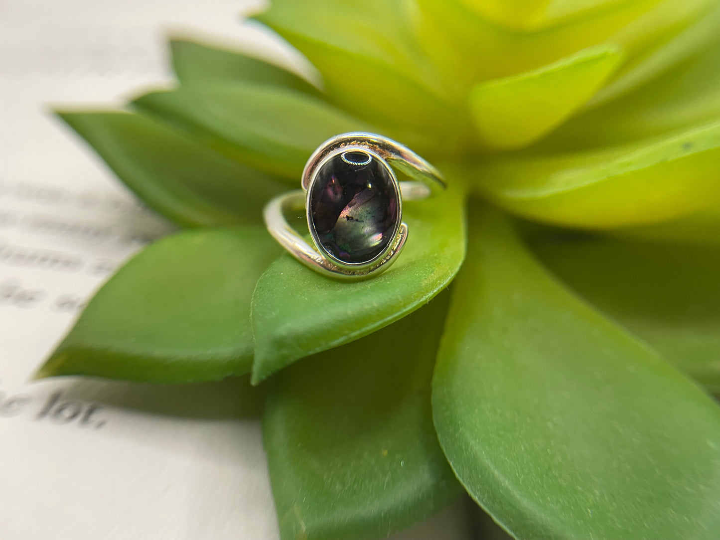 Oval Collet Silver Ring with Shell – Size 4 US