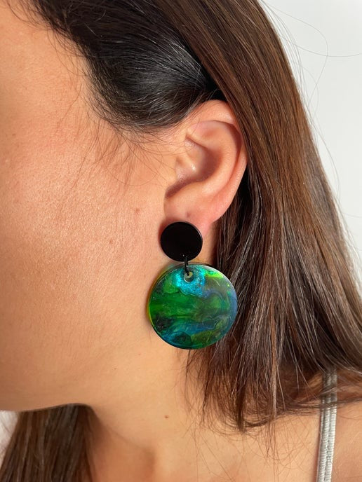 Green and Blue Translucent Round Earrings-NICKEL FREE