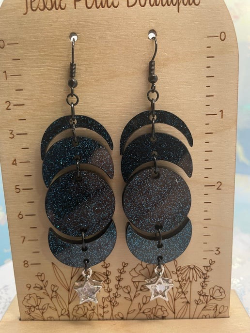 Boucles d'oreilles lunes noire/bleues scintillantes + étoile