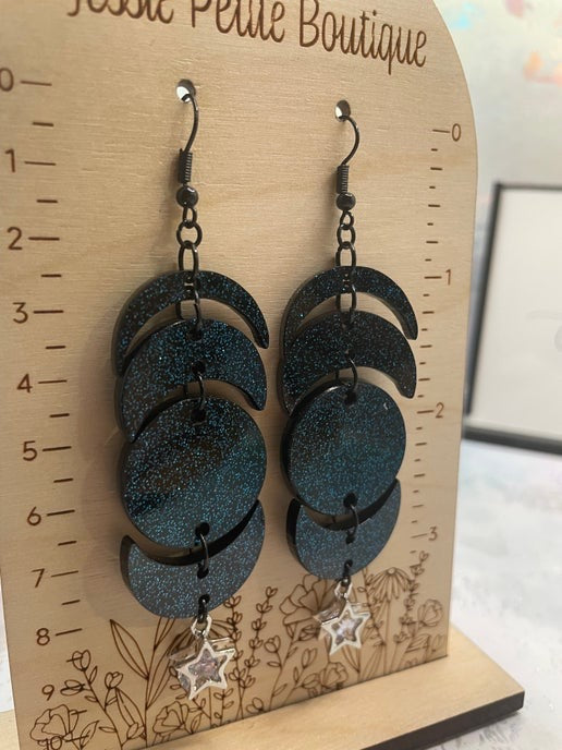 Boucles d'oreilles lunes noire/bleues scintillantes + étoile
