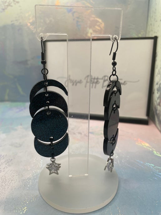 Boucles d'oreilles lunes noire/bleues scintillantes + étoile