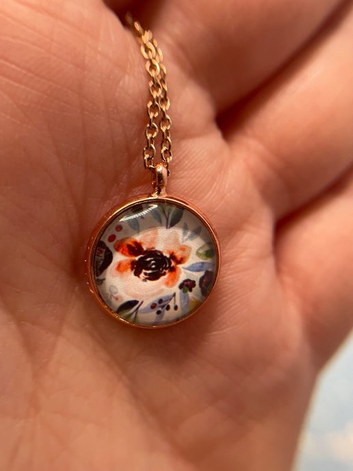 Collier Fleurs sur cabochon or rose - 17'' Acier Inoxydable