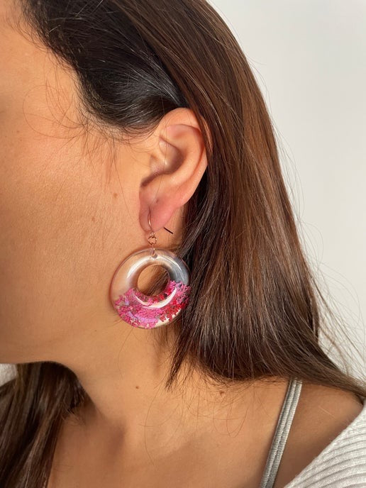 Pink & Red Flower Round Resin Earrings -NICKEL FREE