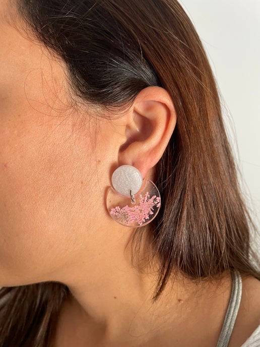 Pink Flower In Clear Resin Round Earrings-NICKEL FREE
