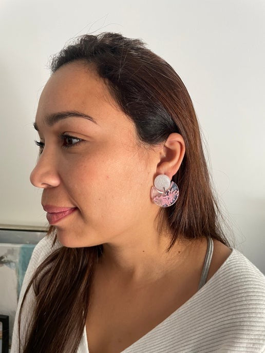 Pink Flower In Clear Resin Round Earrings-NICKEL FREE
