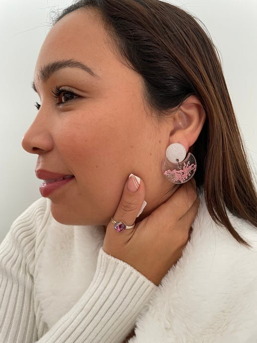 Pink Flower In Clear Resin Round Earrings-NICKEL FREE