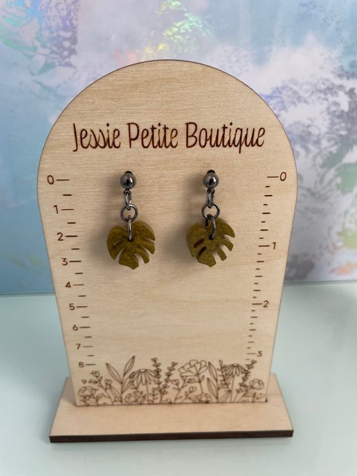 Tiny Olive Green Monstera Earrings