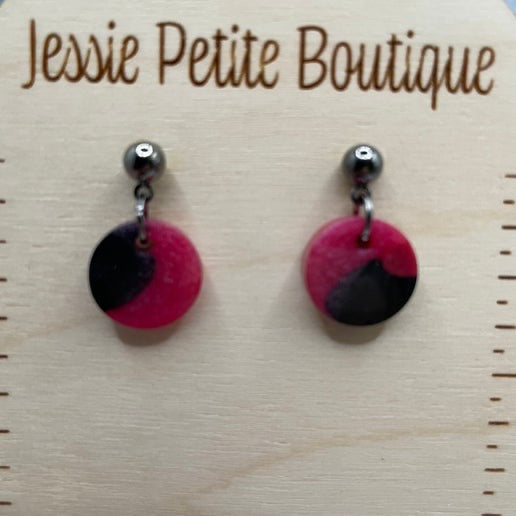 Small Pink and Black Circle Drop Earrings